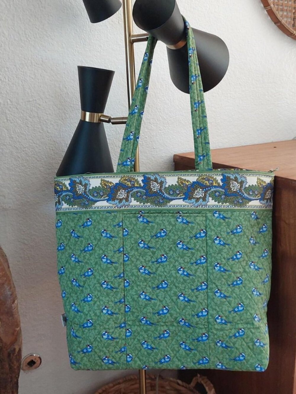 Vera Bradley Original Zip Tote Bag in Green Birds Quilted Cotton Shoulder Bag wi
